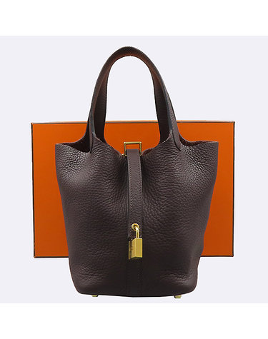 [중고]고이비토 에르메스 SAC PICOTIN LOCK (삭 피코탄 락) 브라운 컬러 레더 금장 피코탄 18 토트백 61034wp