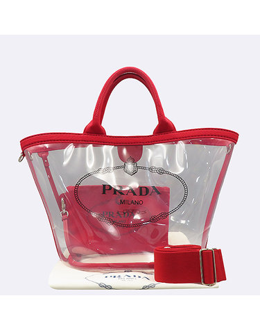 [중고]고이비토 프라다 1BG166 PVC 플렉시 글라스 카나파 로고 프린트 토트백 + 숄더스트랩 2WAY K16248P