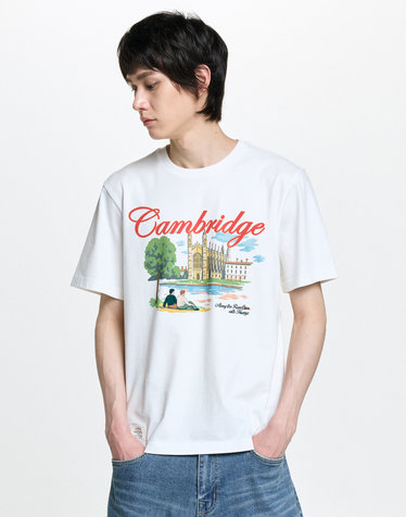 [시즌오프][HAZZYS X CAMBRIDGE] 화이트 로고자수 면 반팔티셔츠