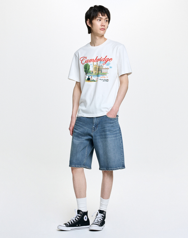 캠브리지 유니버시티 [HAZZYS X CAMBRIDGE] 화이트 로고자수 면 반팔티셔츠 흰색 착용컷
