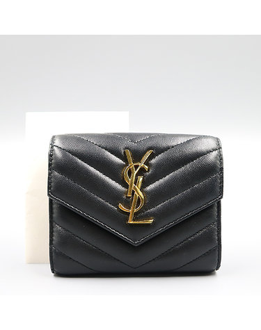 [중고]고이비토 생로랑 생로랑 403943 블랙 램스킨 마틀라세 YSL 금장 메탈 카산드라 컴팩트 여성용 3단 반지갑 K5297YSL