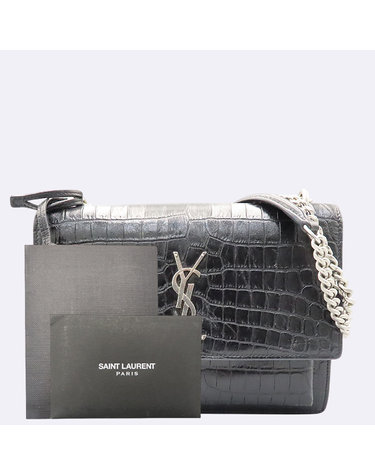 [중고]고이비토 생로랑 442906 블랙 레더 YSL 시그니처 은장 로고 체인 선셋 미듐 숄더백 K5332YSL