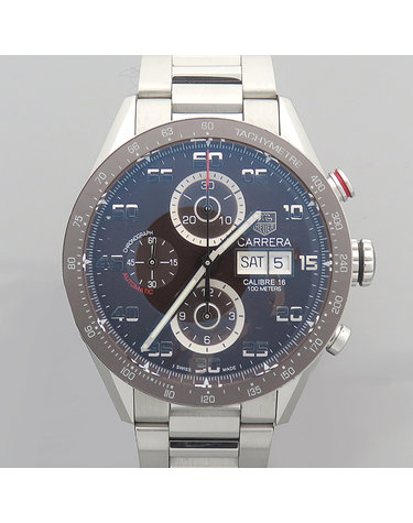 [중고]고이비토 태그호이어 CV2A1S BA0799 CARRERA(까레라) Calibre 16 브라운 다이얼 43MM 데이데이트 크로노그래프 시스루백 오토매틱 스틸 브레이슬릿 남성용