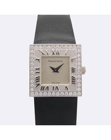 [중고]고이비토 티파니 18K 화이트골드 베젤 다이아 아틀라스 스퀘어 쿼츠 21MM 가죽 밴드 여성용 시계 K4204TI