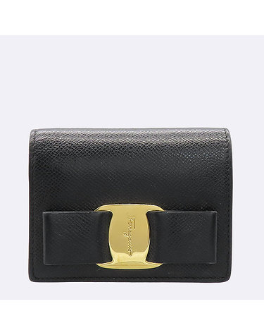 [중고]고이비토 페라가모 22 D515 블랙 레더 금장 바라 보우 장식 반지갑 K8837FE