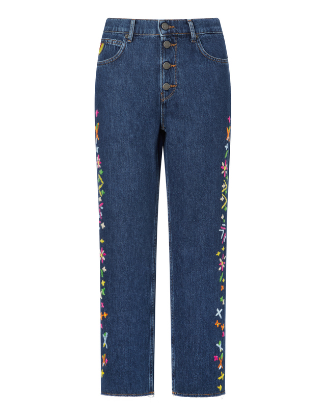 라움 여성 [MIRA MIKATI] 블루 자수장식 면 데님팬츠 착용컷