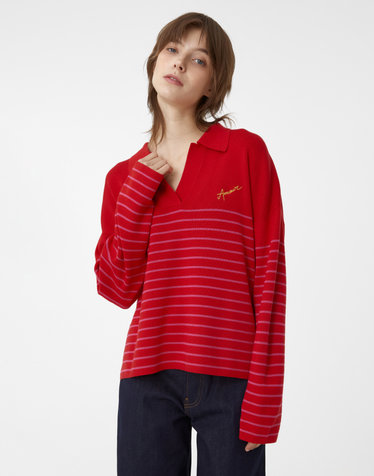 [MAISON LABICHE] 레드 스트라이프 면혼방 긴팔카라니트