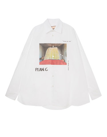 [PLAN C] 화이트 로고프린트 면 긴팔블라우스