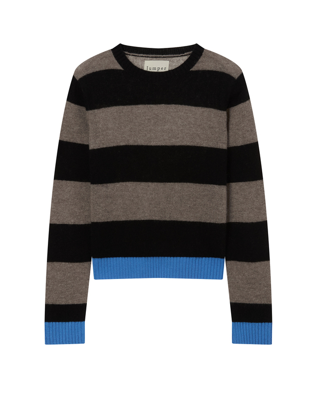라움 여성 [Jumper1234] 브라운 스트라이프 라운드넥 니트 착용컷