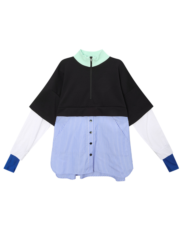라움 여성 [NAGONSTANS] 블루 스트라이프배색 면혼방 반집업티셔츠 MULTI COLOR 착용컷