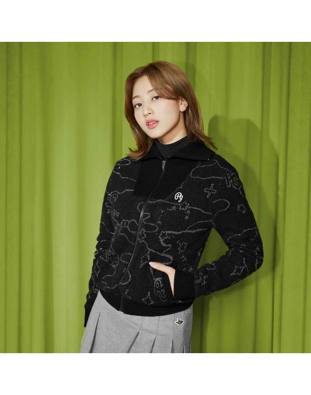 파리게이츠 여성 글리터 별자리 카라 집업 방풍 니트 가디건 착용컷
