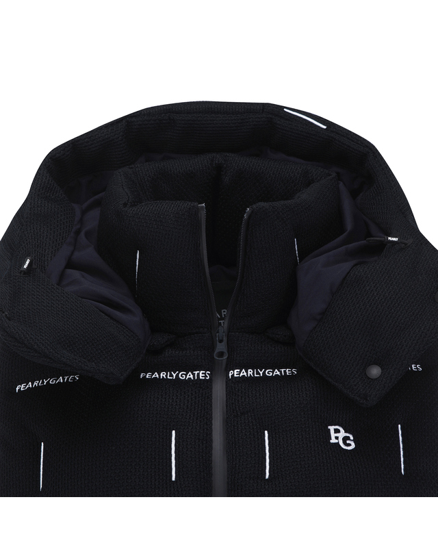 파리게이츠 여성 우븐 로고 자수 패턴 후드 패딩 베스트 착용컷
