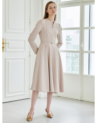 Heart Neck Flare Dress-Beige