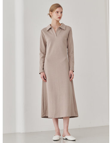 Slim Fit Collar Dress - Beige