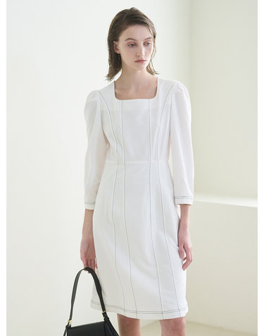 Square Neck Stitch Dress - White
