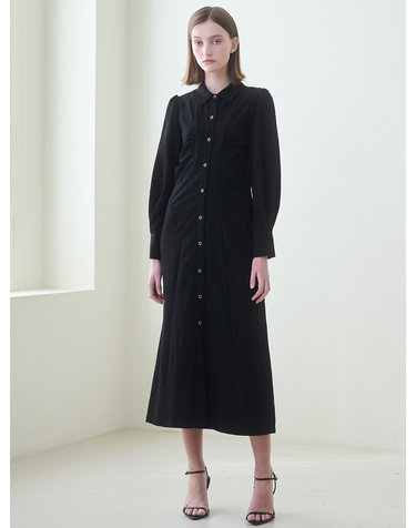 Front Shirring Shirts Dress - Black