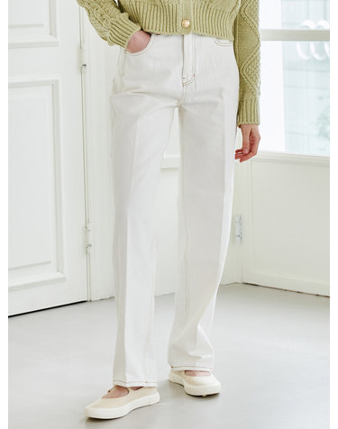 Straight Stitch Denim Pants - Cream
