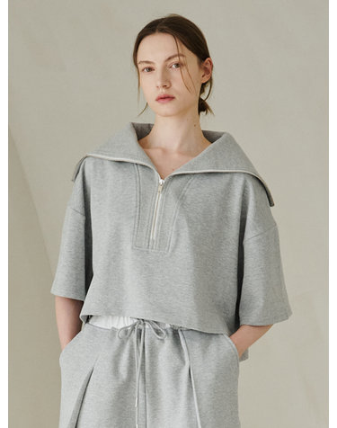 Wide Collar Half Sleeve T-Shirts - M.Gray