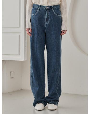 Straight Stitch Denim Pants - Navy