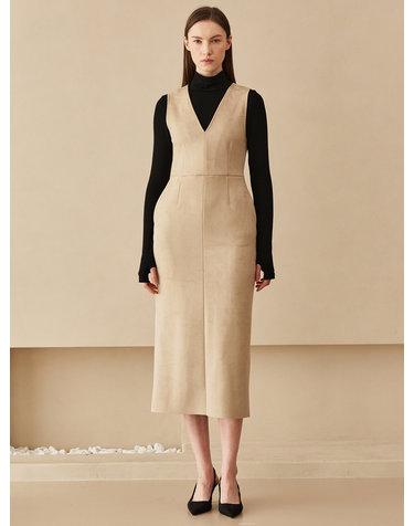 Sleeveless Suede Dress-Beige