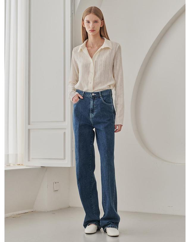 누브 Straight Stitch Denim Pants - Navy 착용컷
