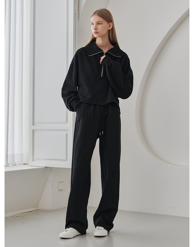 누브 Wide Pintuck Banding Pants - Black 화이트 착용컷