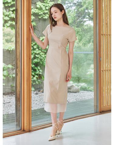 보트넥 쉬폰 레이어드 드레스 - 베이지 / Boat Neck Chiffon Layered Dress - Beige