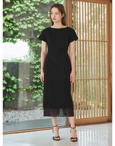 보트넥 쉬폰 레이어드 드레스 - 블랙 / Boat Neck Chiffon Layered Dress - Black