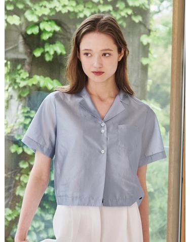 노치드 카라 크롭 블라우스 - 스카이 블루 / Notched Collar Crop Blouse - Sky Blue