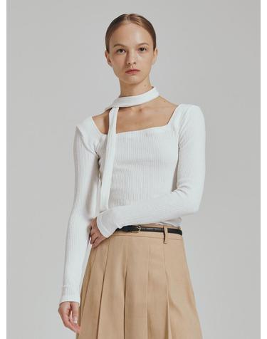 스퀘어 넥 스카프 티셔츠 - 아이보리 / Square Neck Scarf T-Shirts - Ivory