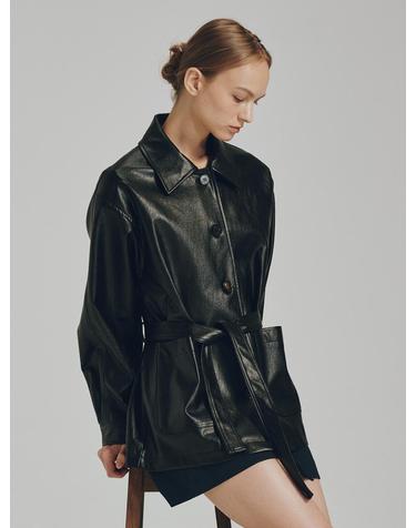 벨티드 레더 자켓 - 블랙 / Belted Leather Jacket - Black