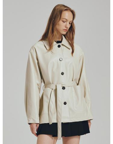 벨티드 레더 자켓 - 크림 / Belted Leather Jacket - Cream