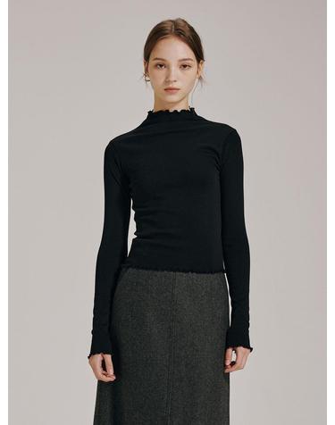프릴 하프넥 티셔츠 - 블랙 / Frill Half-Neck T-Shirt - Black