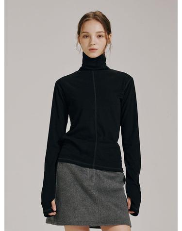 스티치 터틀넥 워머 티셔츠 - 블랙 / Stitch Turtleneck Warmer T-Shirt - Black
