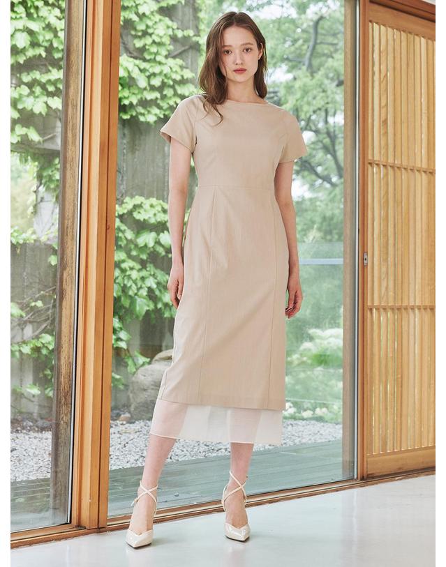 누브 보트넥 쉬폰 레이어드 드레스 - 베이지 / Boat Neck Chiffon Layered Dress - Beige 착용컷