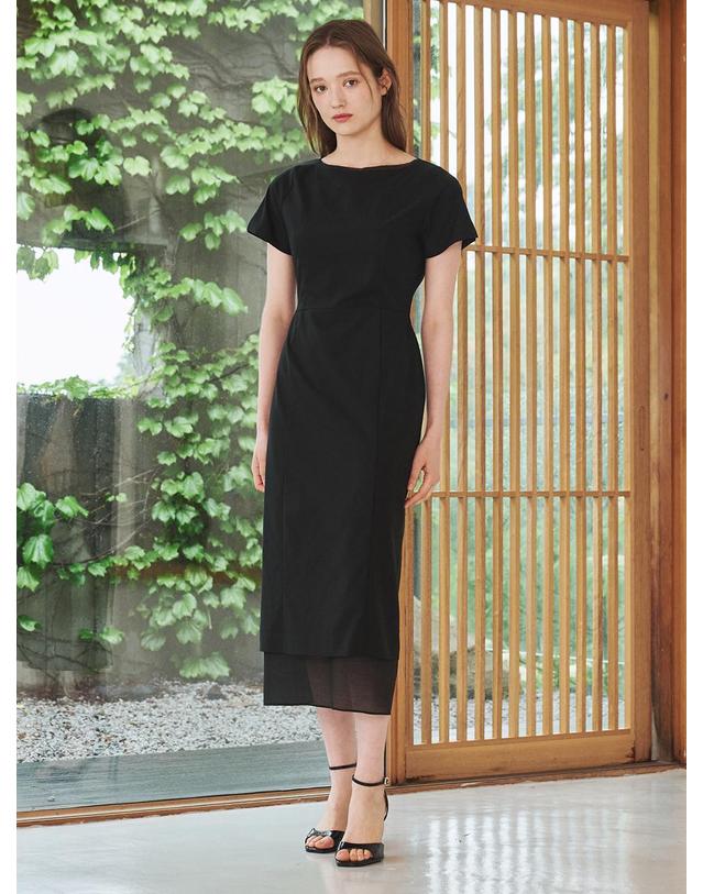 누브 보트넥 쉬폰 레이어드 드레스 - 블랙 / Boat Neck Chiffon Layered Dress - Black 착용컷