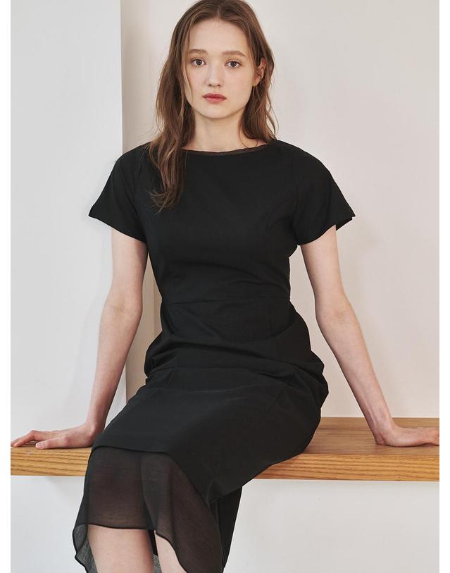 누브 보트넥 쉬폰 레이어드 드레스 - 블랙 / Boat Neck Chiffon Layered Dress - Black 착용컷