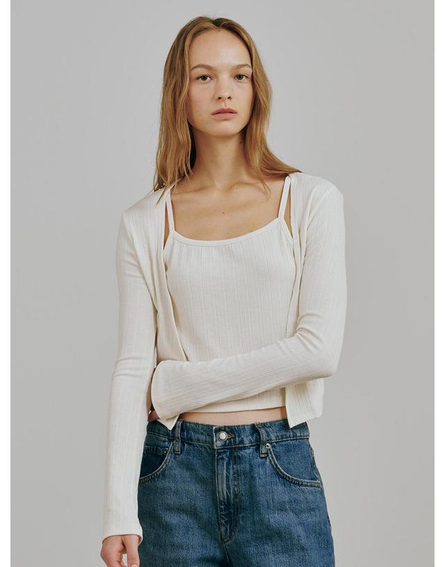 누브 소프트 가디건 슬리브리스 셋트 - 아이보리 / Soft Cardigan Sleeveless Set - Ivory 블랙 착용컷