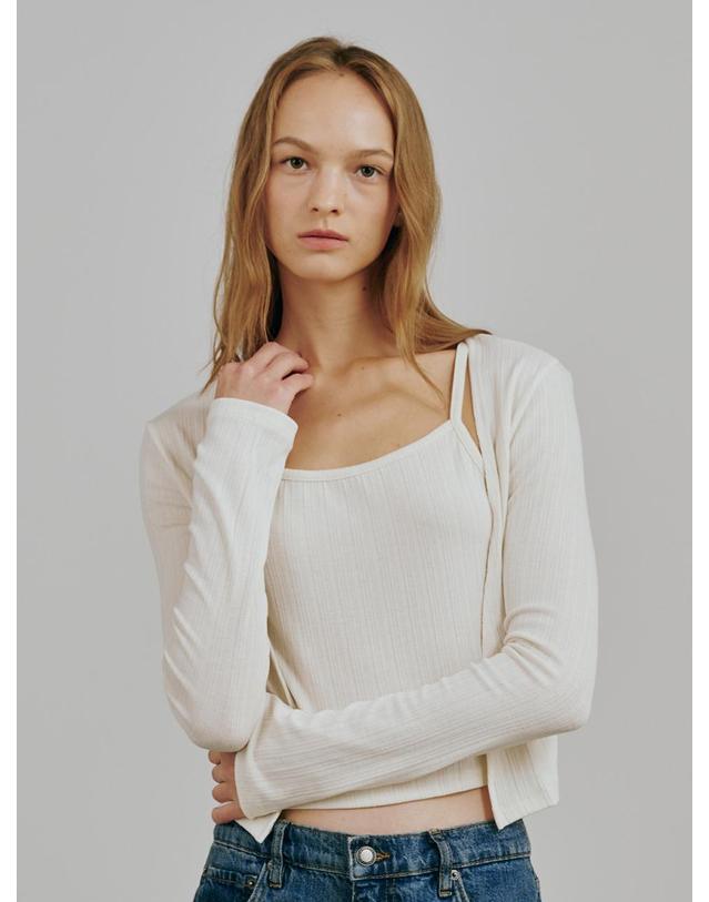 누브 소프트 가디건 슬리브리스 셋트 - 아이보리 / Soft Cardigan Sleeveless Set - Ivory 블랙 착용컷