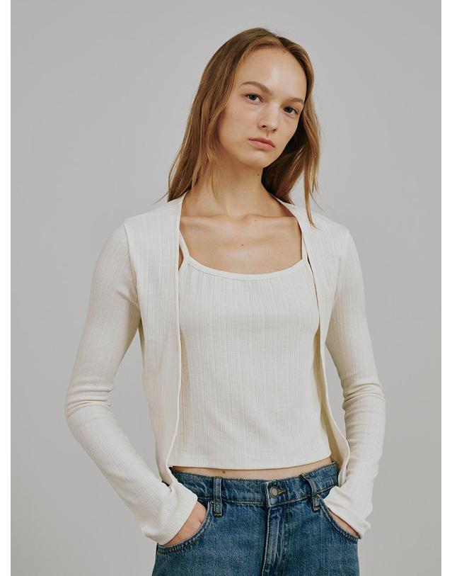 누브 소프트 가디건 슬리브리스 셋트 - 아이보리 / Soft Cardigan Sleeveless Set - Ivory 블랙 착용컷