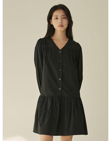 브이넥 셔링 롱슬리브 드레스 - 블랙/ V-Neck Shirring Longsleeve Dress - Black