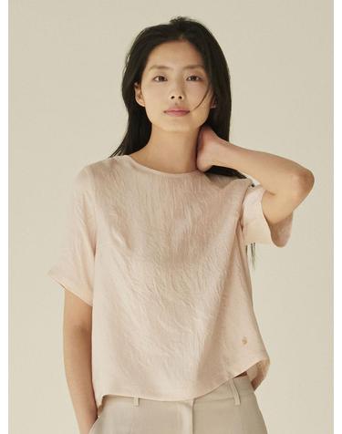 라운드넥 시어 블라우스 - 핑크/ Round‑Neck Sheer Blouse - Pink