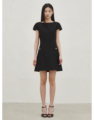보트넥 트위드 미니 드레스 -블랙 / Boat Neck Tweed Mini Dress - Black