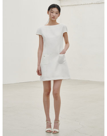 보트넥 트위드 미니 드레스 - 화이트 / Boat Neck Tweed Mini Dress - White