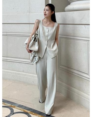 린넨 베스트 블라우스 셋업 - 아이보리 / Linen Vest Blouse Set up - Ivory