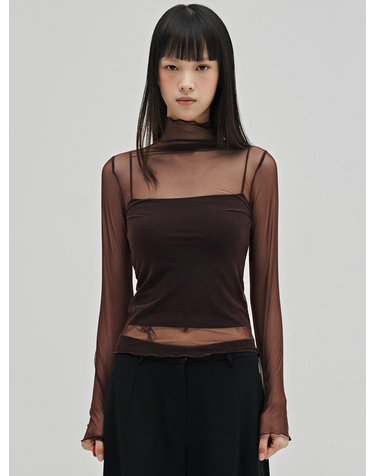 시어 하이넥 롱슬리브 티셔츠 - 버건디 / Sheer High Neck Long Sleeve T-Shirt - Burgundy