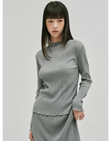 플리츠 모크넥 롱슬리브 티셔츠 - 라이트 그레이 / Pleated Mock Neck Long Sleeve T-Shirt - L.Gray