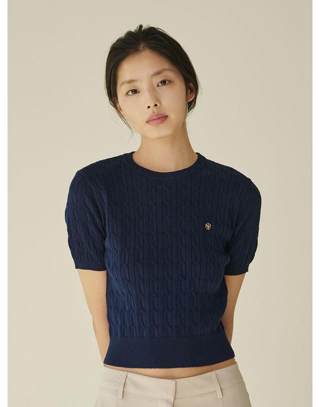 누브 써머 케이블 라운드 니트 - 네이비/ Summer Cable Round Knit - Navy 착용컷