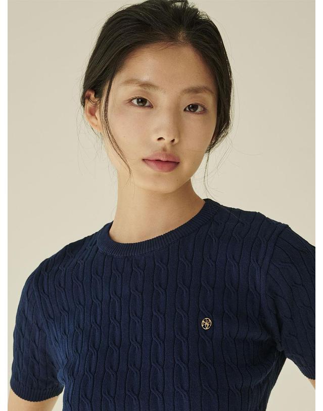 누브 써머 케이블 라운드 니트 - 네이비/ Summer Cable Round Knit - Navy 착용컷