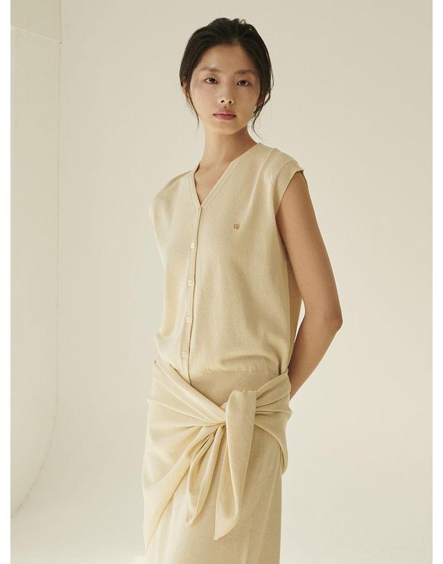 누브 [세트] 린넨 슬리브리스 가디건 + 스커트 + 숄 - 라이트 베이지/ [Set] Linen Sleeveless Cardigan + Skirt + Shawl - L.Beige 착용컷